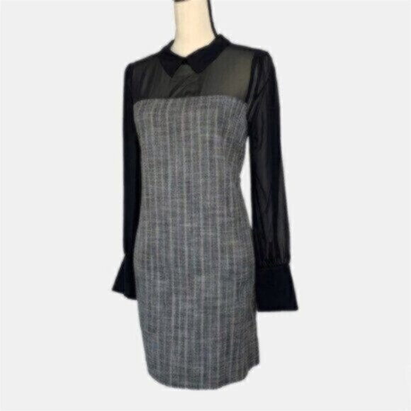 NWT BCBGeneration Black Sheer Sleeve Twill Plaid Pattern Dress - Picture 4 of 15